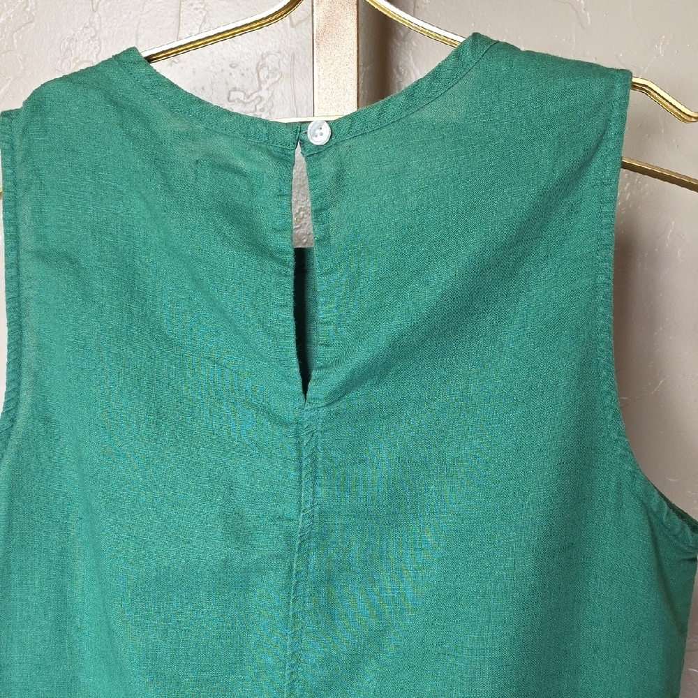J. Crew Emerald Green Sleeveless Blouse with Ivory Embroidery Cotton Linen Top - Picture 8 of 11